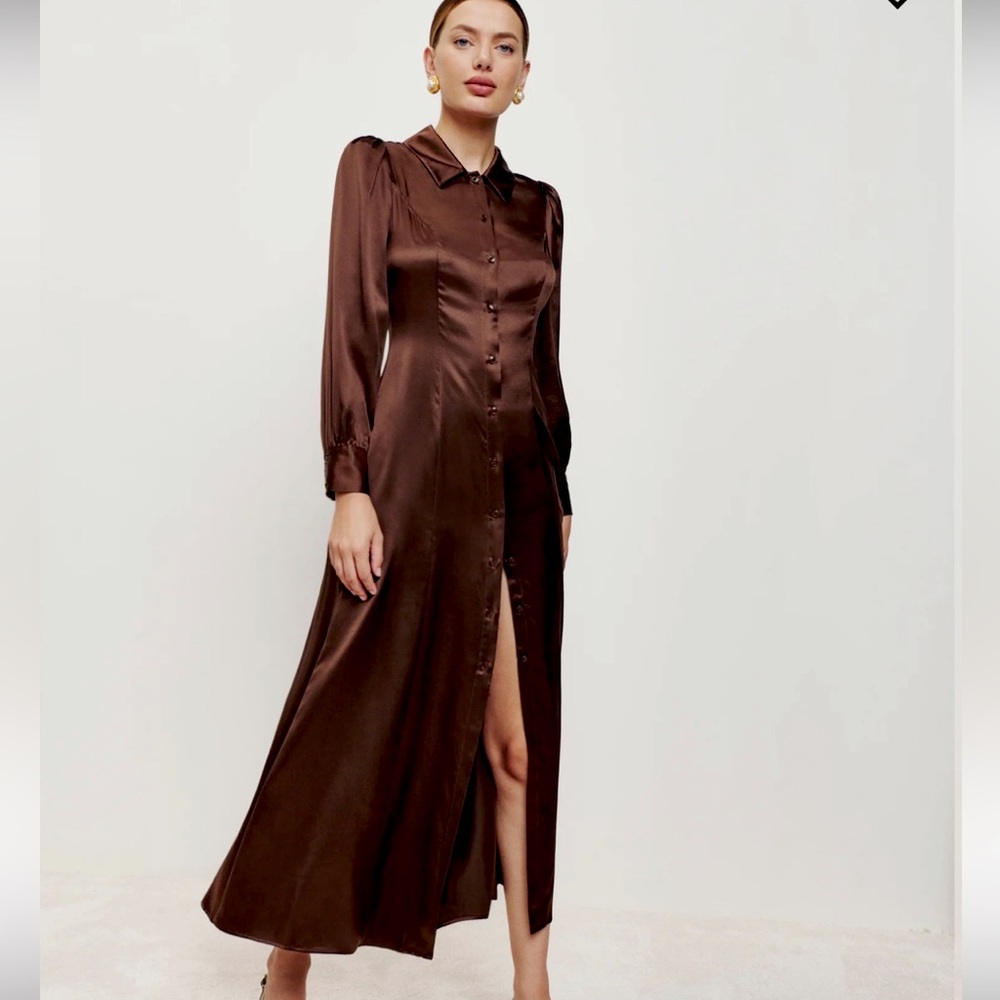 Reformation Catalina Brown Silk Button Up Collared Long Sleeve Midi Dress Size 2